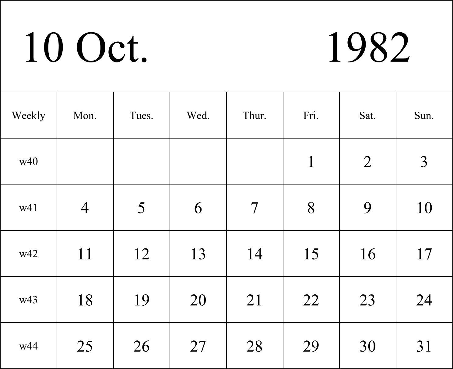 日历表1982年日历 英文版 纵向排版 周一开始 带周数